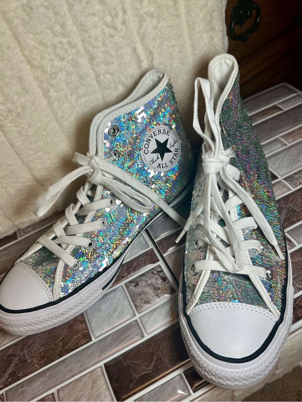 Rare Converse Chuck Taylor All Star High Mini Sequins Silver Hi Tops 8 - Picture 2 of 13
